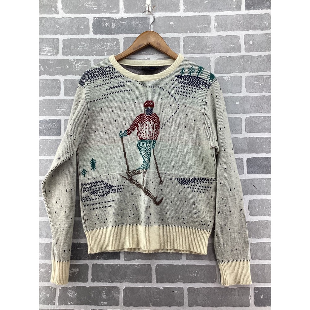 Vintage Jantzen Skier Intarsia Knit Sweater Mens Medium Gray Made in USA Ski